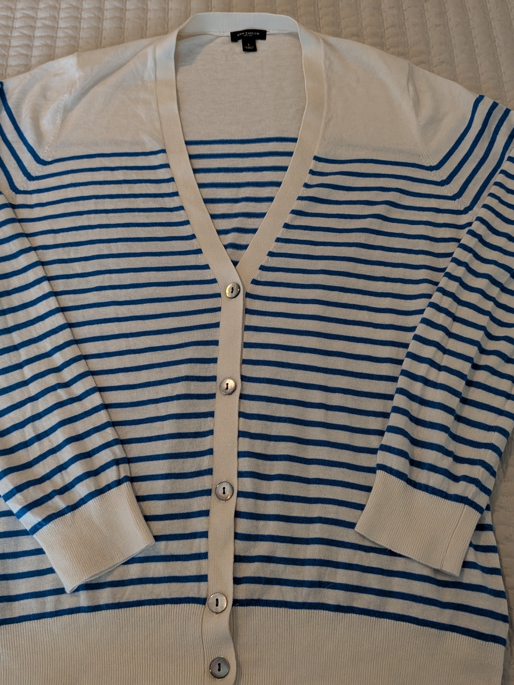 Ann Taylor White and Blue Striped V-Neck Button Cardigan